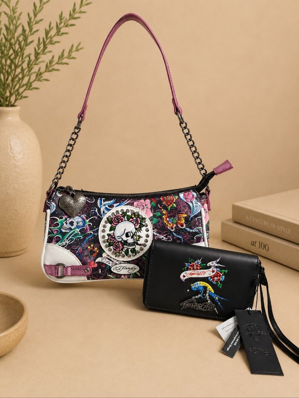 Ed Hardy Skull Rose Tattoo Shoulder Bag & Wallet Set Y2K
